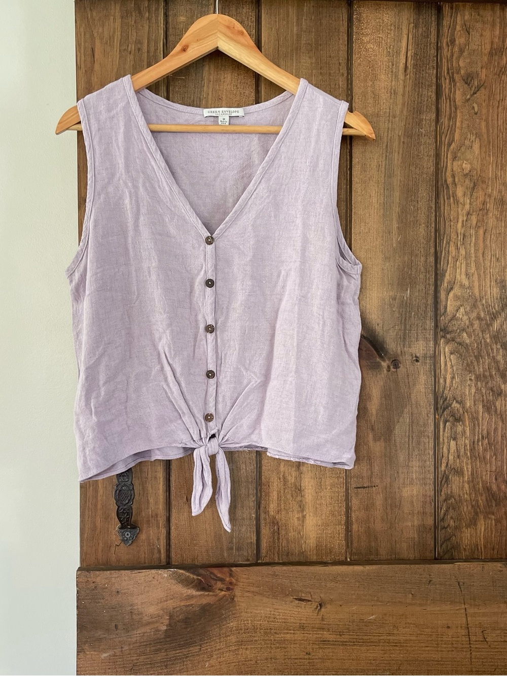 Green Envelope Pastel Purple Linen Blend Button Up Tie Front Sleeveless Top Med